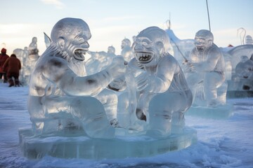 Trolls carving ice sculptures in an arctic village. 