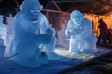 Trolls carving ice sculptures in an arctic village. 