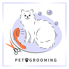 Pet grooming. Cartoon cat character with different tools for animal hair grooming. Pet care salon. Vector illustration