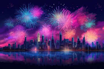 Fototapeta na wymiar Fireworks in skyline, a fireworks display over a city skyline at night time