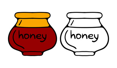 Cartoon honey pots. Glass pots and wooden spoon with dripping liquid honey isolated vector illustration set. Transparent honey jars