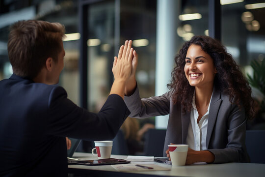 Team Triumph: High-Five Moment Between Businesswoman and Colleague in Meeting