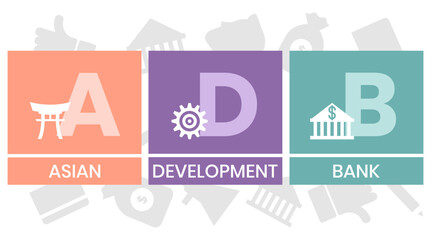 ADB - Asian Development Bank acronym. business concept background. vector illustration concept with keywords and icons. lettering illustration with icons for web banner, flyer, landing page