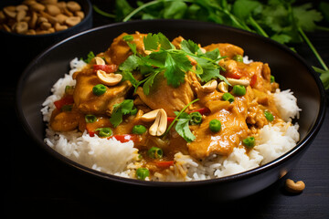 Fototapeta na wymiar Exotic Fusion: Flavorful Chicken and Cashew Curry Served Over Rice, Topped with Cilantro and Green Onion