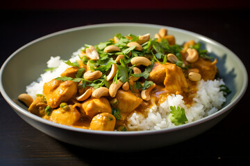 Savory Delight: Chicken and Cashew Curry on Bed of Rice, Garnished with Cilantro and Green Onion