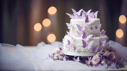 Multi-tiered wedding cake for the bride and groom newlyweds decorated with butterflies