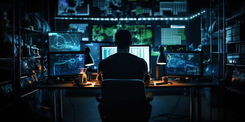 Tech Enthusiast Monitoring Global Data in a Dark Control Room. Hacker concept. Generative AI
