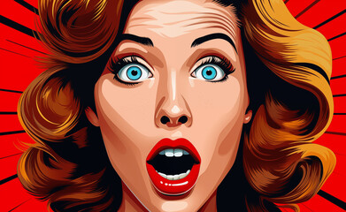 Wow Woman: Striking Pop Art Illustration of Awe-Inspired Expression with Expressive Eyes and Vibrant Red Lips	