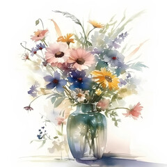 Bouquet of summer flowers in a glass vase on white background, still life, watercolor painting