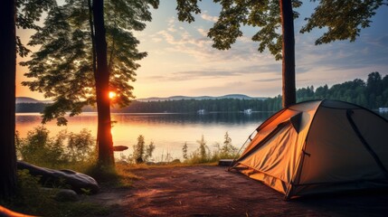 Camping tent with lake background. 