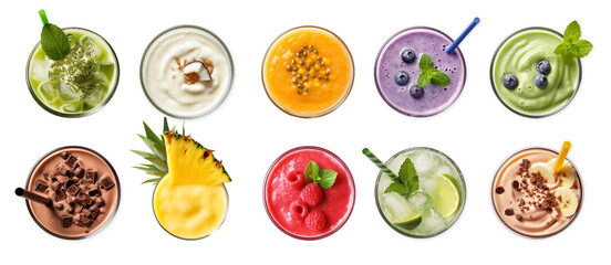 cool drinks set ; smoothie, juice, sparkling water with fresh and beautiful fruits decorated glass top view on white background.