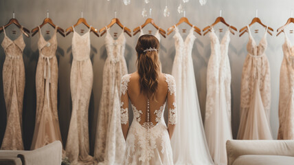 Elegant bride woman girl with hairdress from back in a boutique choosing her dream wedding Gown, dresses on hangers near the window.