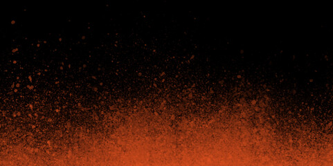 Fototapeta na wymiar Orange watercolor ombre leaks and splashes texture on dark watercolor paper background with scratches. Abstract orange powder splattered background, Freeze motion of color powder exploding/throwing.