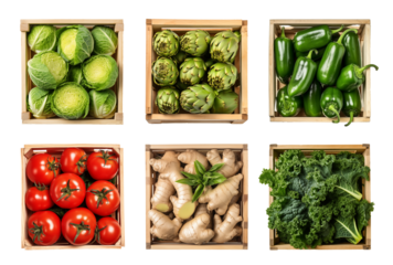 Vegetables and fruits in the wood box on background isolated, close up collection of organic fresh fruits and vegetables for healthy food, well being theme