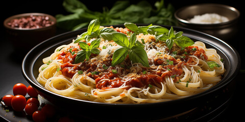 Leckere Spaghetti mit Basilikum und Parmesan auf dem Teller wunderschön angerichtet im Querformat für Banner, ai generativ - obrazy, fototapety, plakaty