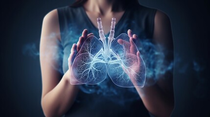 Female doctor holding virtual Lungs in hand. Handrawn human organ, copy space on right side, grey hdr color. Healthcare scientific technologies concept stock photo 