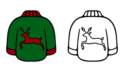 Sweater with deer icon. Insulation, clothing, snow, cold. New Year, Christmas, holiday, gift, Santa, celebration, January 1, winter.