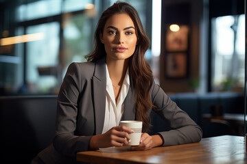 Businesswoman in sharp suit Sit and drink coffee comfortably in a bustling modern coffee shop.