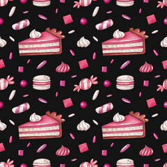 Seamless pattern with cakes and sweets on a dark gray background. Watercolor illustration. Food. Cake. Candies. Dessert. Print on fabric and paper. Cute. Art. Design. Handmade work. Wallpaper. Pink.