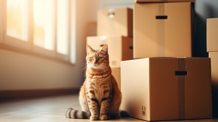 cat sitting on the floor with boxes in the background, moving concept - obrazy, fototapety, plakaty