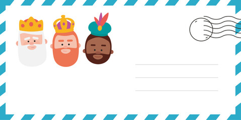 Envelope of the wise men. The three kings of orient, Melchior, Gaspard and Balthazar. Funny vectorized letter.