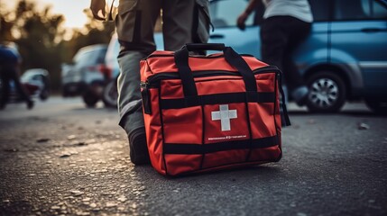 Selective focus is first aid bag. Team paramedic firs aid accident on road. Ambulance emergency service. First aid procedure. - obrazy, fototapety, plakaty