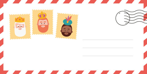 Envelope of the wise men. The three kings of orient, Melchior, Gaspard and Balthazar. Funny vectorized letter.