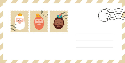 Envelope of the wise men. The three kings of orient, Melchior, Gaspard and Balthazar. Funny vectorized letter.