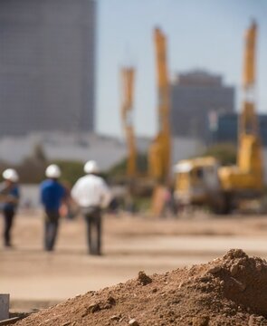 Workers on construction site, unfocused scene background