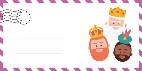 Envelope of the wise men. The three kings of orient, Melchior, Gaspard and Balthazar. Funny vectorized letter.