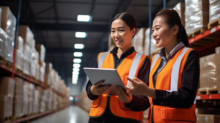 Two Asian female professionals in a warehouse setting, engaged in inventory management. - obrazy, fototapety, plakaty