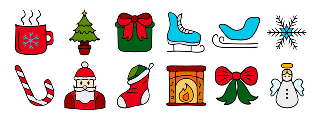 New Year, Christmas set icon. Mug, Christmas tree, gift, skates, snowflake, snow, lollipop, Santa, fireplace, gift sock, angel, decorations.