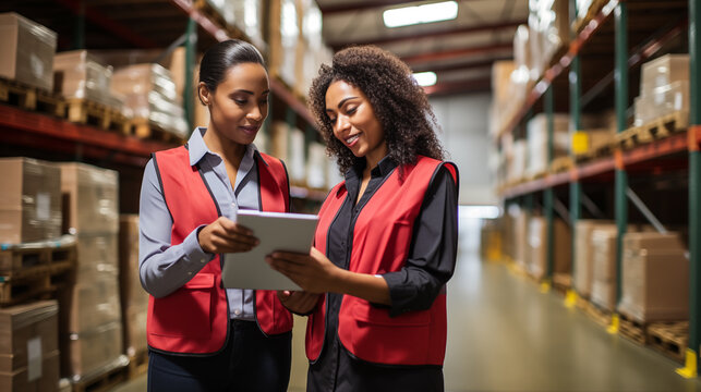 Two young women engaged in discussion over a digital tablet within the bustling environment of a warehouse