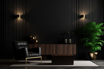 Modern Elegance: Luxurious living room interior background, living room mockup, interior with sleek black walls, dark ambiance featuring a black wall, chair, and wooden console.