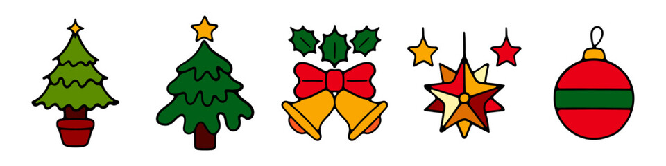 New Year, Christmas set icon. Christmas tree decoration concept. Star, garland, toy, gift, Santa, winter, rain, light bulbs, pine tree.