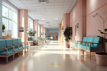 hospital hallway, clinic reception with seating for queues. generative ai