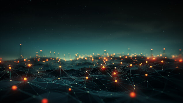 abstract graphic with 3D network and dots - abstract technology design background