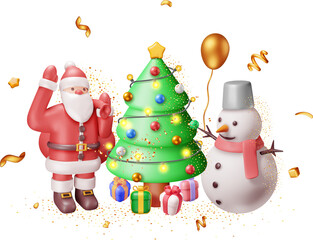 3D Santa Claus with Gift Bag and Christmas Tree