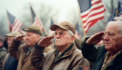 Old American War Veterans Saluting Fallen Comrades' Graves.The concept for American Veterans Day, Memorial Day, and Independence Da - obrazy, fototapety, plakaty