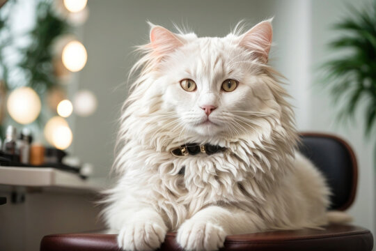 Charming character, cute white cat came to the groomer, beauty salon for pets. Elegant interior, fashionable image.