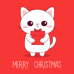 Merry Christmas. Cute cat holding red gift box. White kitten. Contour line doodle pet. Smiling face. Kawaii baby animal. Cartoon funny character. Funny kitty. Flat design. Red background.