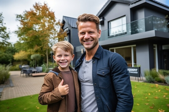 father and son pose before purchasing a new American-style house