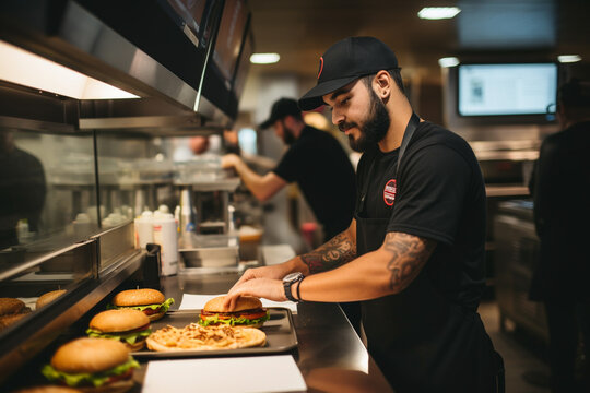 bearded man in restaurant preparing burguer
