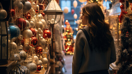 Beautiful girl from the back standing in a colorful christmas decorated shop interior choosing party holiday festive decor.