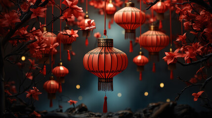 Hanging glowing chinese lamps for new year decoration. generative ai