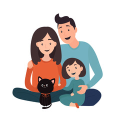 Happy young family. Parents sitting with girl daughter kid on the floor. Woman, man and child, animal pet smiling. Cute cartoon character set. Flat design. White background. Isolated.