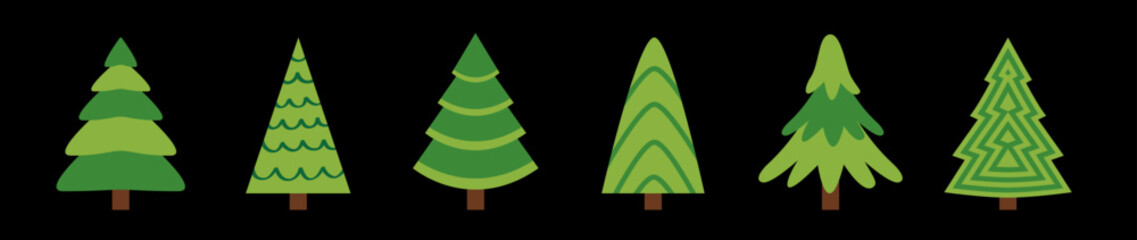 Fir tree collection. Christmas tree set line. Green pine trees template for greeting card, banner, web. Different shape. New Year winter sign symbol. Flat design. Black background.