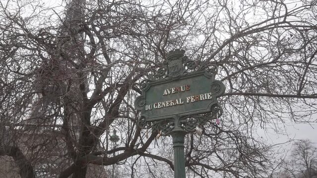 Classic street sign in Paris. Avenue du general ferrie. Cinematic shot.