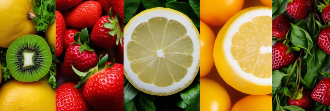 Healthy food backgrounds, five images of lemons, blueberries, raspberries, salad and oranges panoramic