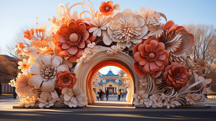 Closeup shot of traditional chinese new year decorations hanging in a market. generative ai